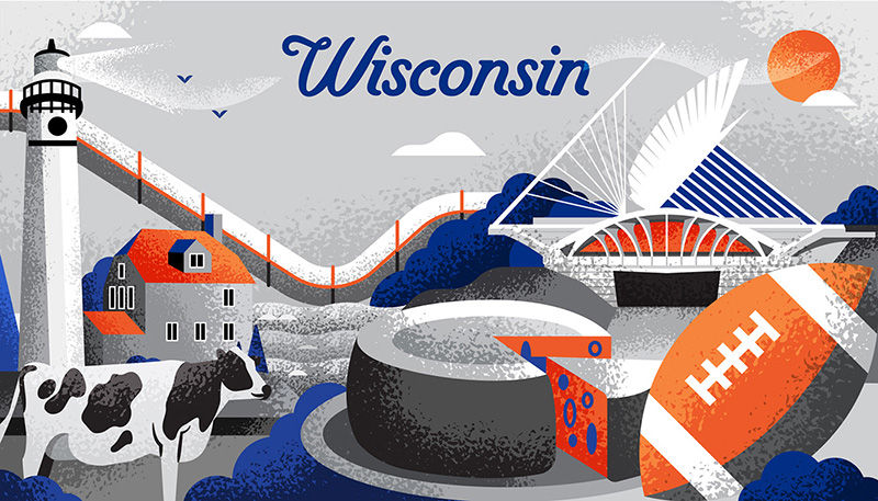 Illustration of various iconic locations in the state of Wisconsina