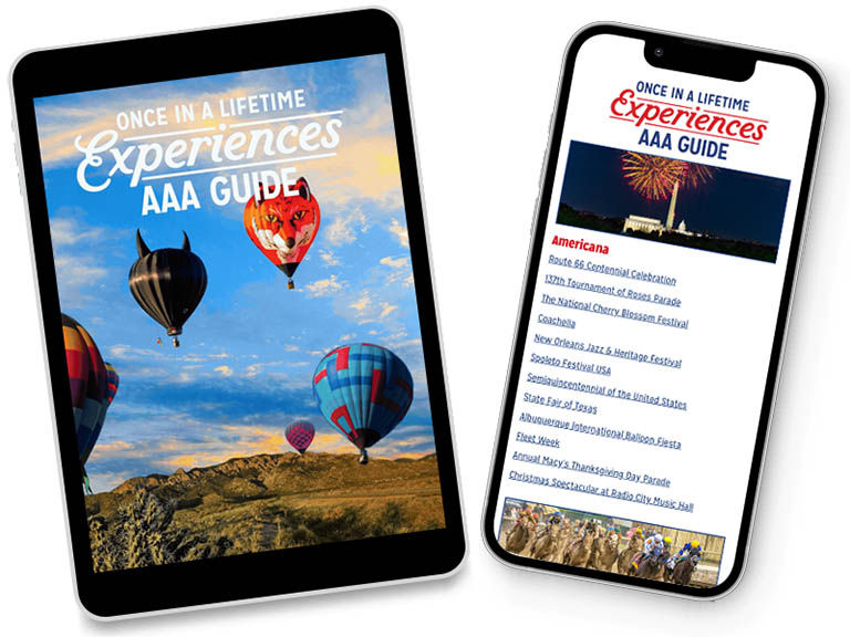 Once in a Lifetime Experiences Guide by AAA, displayed on tablet and mobile screens.