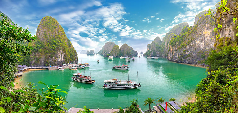 A stunning view of an island in Halong Bay, a UNESCO World Heritage Site.