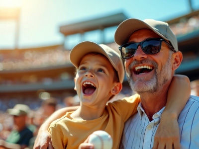 Father and son enjoying a day at the baseball stadium