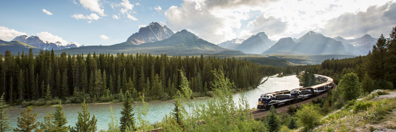 Rocky Mountaineer train traveling in the mountains