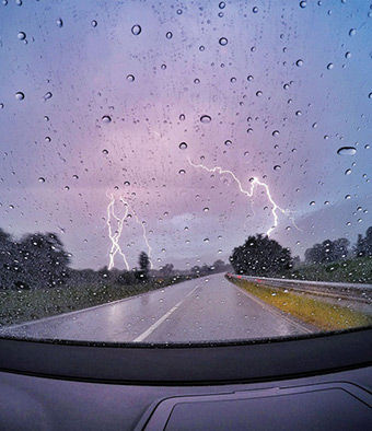 Driving in rain and lightning.