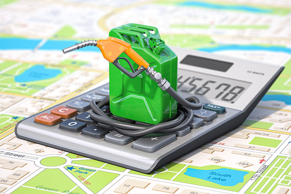 Cost of fuel calculation concept. Gas pump nozzle, gasoline canister amd calculator on city map. 3d illustration