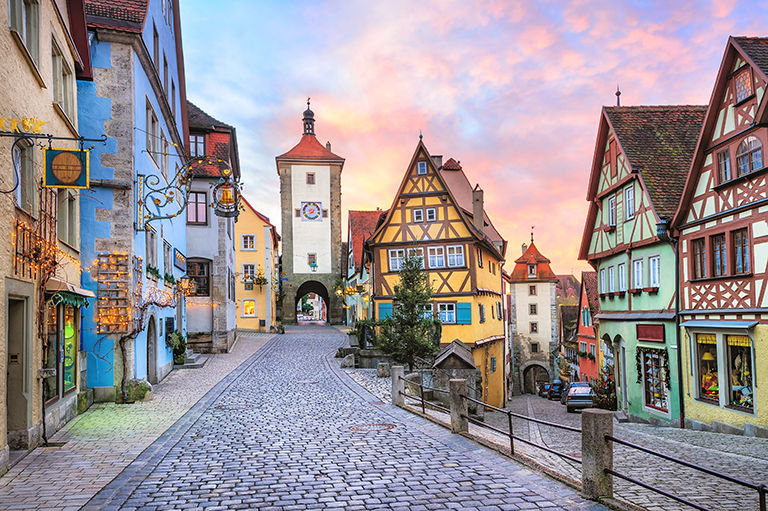 Colorful half-timbered houses in Rothenburg ob der Tauber, Germany.