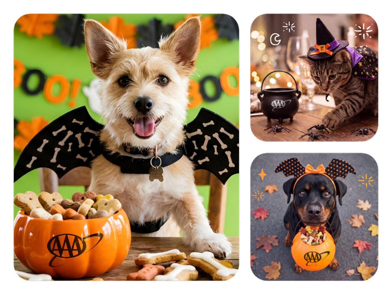 Three pets in Halloween costumes with AAA branded treat containers: a terrier in bat wings, a cat in a witch hat, and a Rottweiler in bat ears.