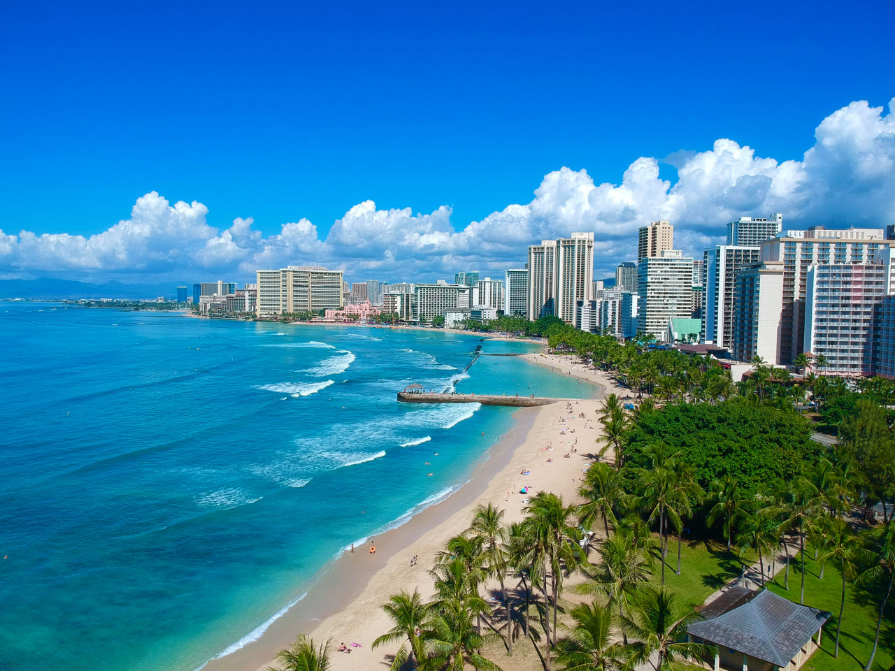Panoramic aerial view of Waikiki beach Honolulu Hawaii by drone