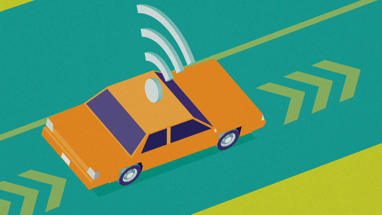 Illustration of a taxi traveling down a street.