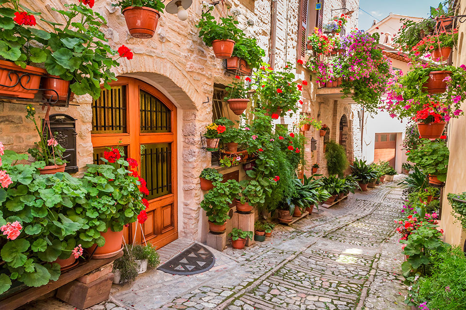 Street in small town in Italy in summer, Umbria.