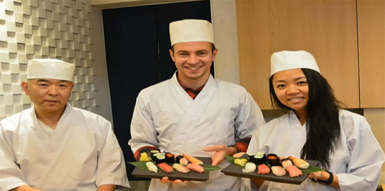 Japan, sushi making class.