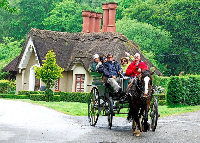 Couples enjoying a carriage ride in front of a thatched roof cottage.