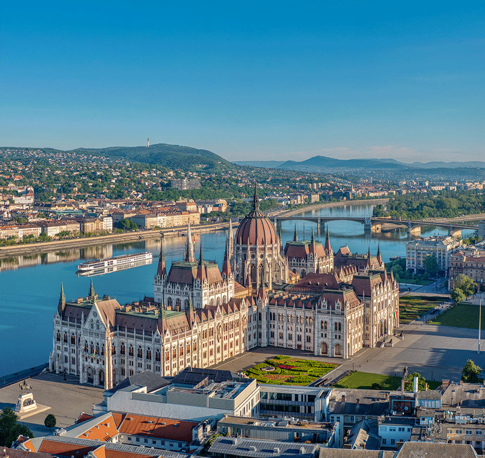 Aerial view of Viking Longship Modi on the Danube River, the Hungarian Parliament can be seen, Budapest, Hungary, Europe