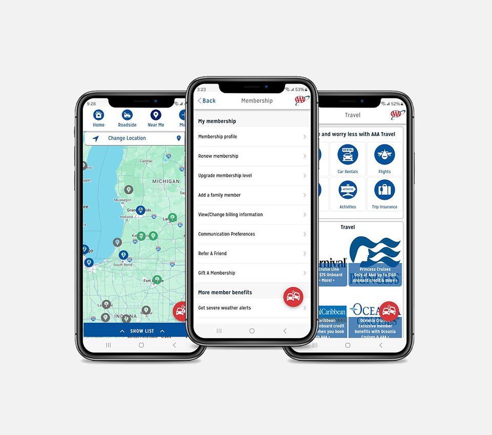 Three phone mockup that shows different areas of our AAA app. 