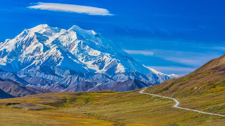 Snow topped Mt. Denali in Alaska