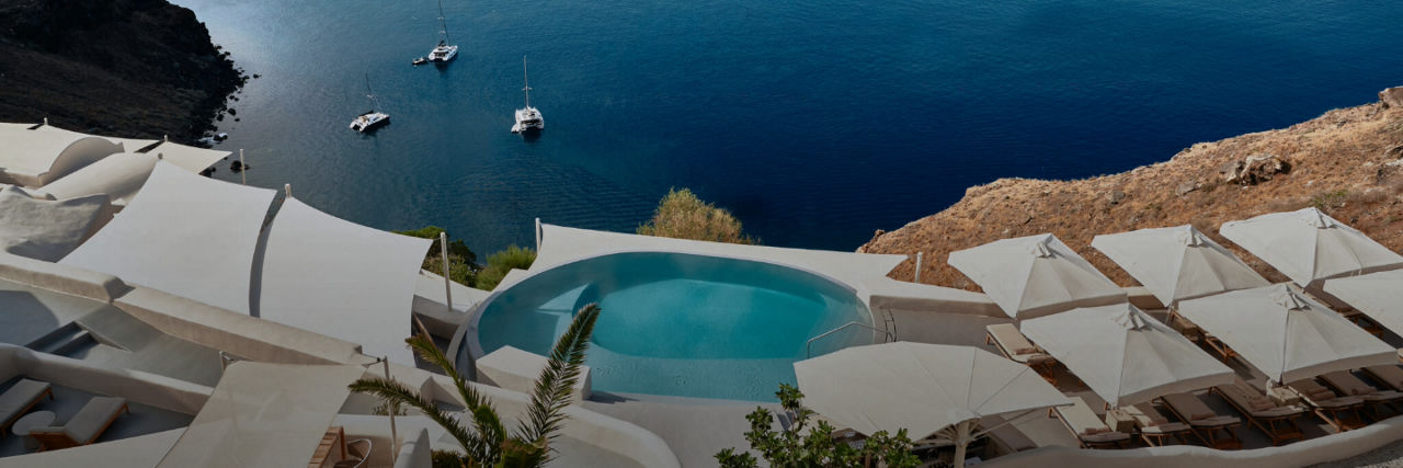 Mystique hotel pool view in Santorini