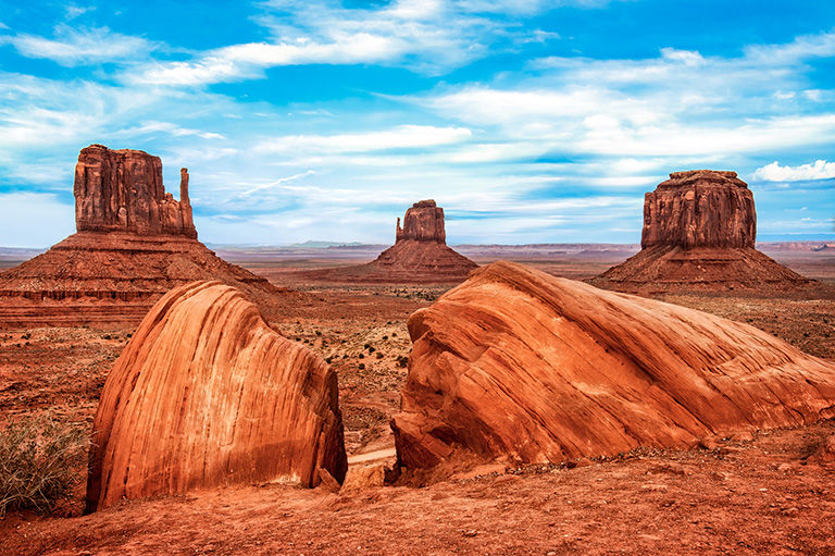 View of Monument Valley tribal Park from Taylor Rock Viewpoint at sunset. Arizona. USA