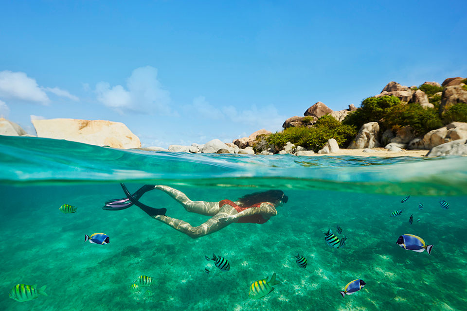 Woman snorkeling in Virgin Gorda, Tortola on Norwegian Cruise excursion