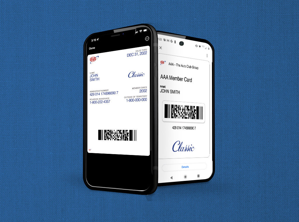 Two phone mockup showing our aaa digital membership cards.