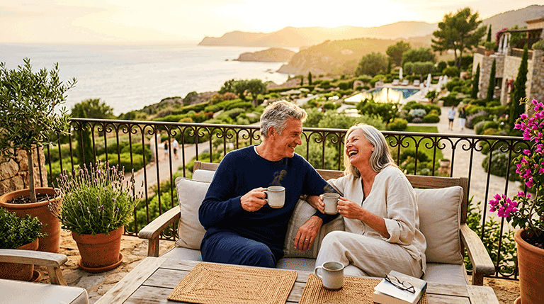 Mature couple laughing while enjoying coffee on a balcony.