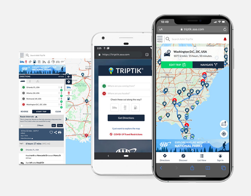Three views of a AAA TripTik on a mobile device's screen.