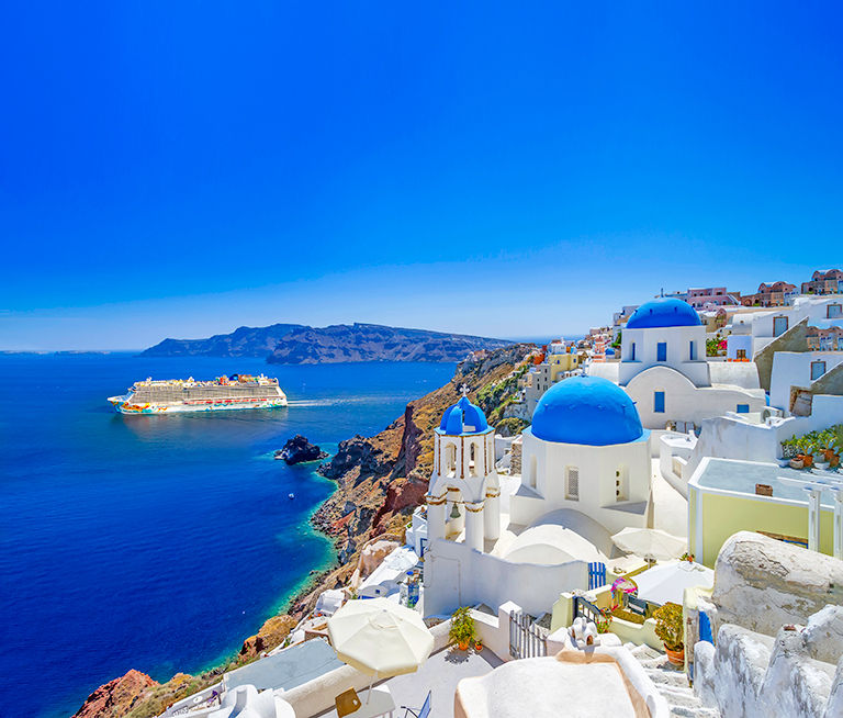 Norwegian getaway aerial shot. Santorini, Greece.