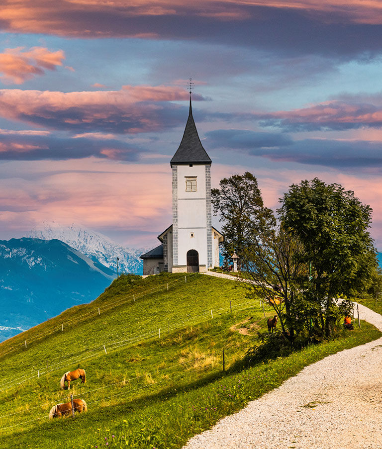 Picturesque  Church Of St Primoz
in Jamnik,Kamnik, Slovenia at Autumn at Sunset