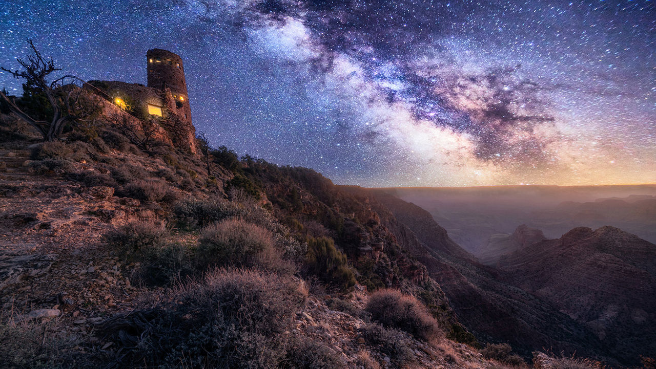 Grand Canyon National Park at night with milky way in the sky from Desert view Viewpoint