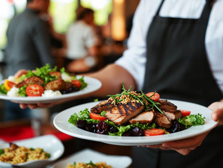 Waiter bringing plates of food to the table at a restaurant.