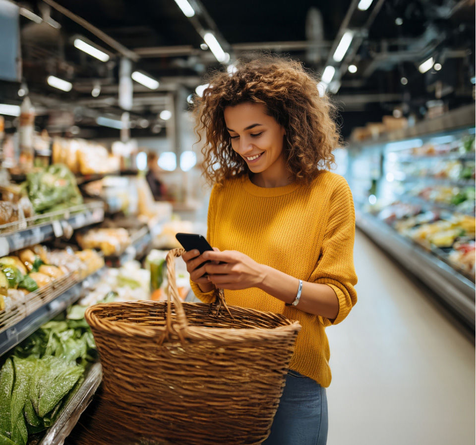 A woman shopping in a grocery store with a basket and phone in her hands.
