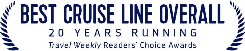 2022 Travel Weekly Readers' Choice Awards, accolades, logo, PNG file, navy, Best Cruise Line Overall, 20 Years Running horizontal layout. For other color variations in EPS and PNG file formats, look for the zip file for this award set. (This PNG file is included in that set.)