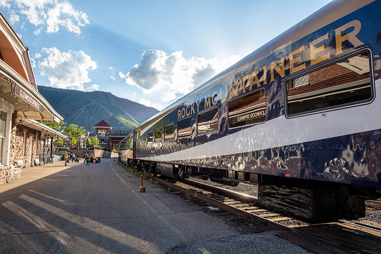 Close-up view of a Rocky Mountaineer sightseeing train.