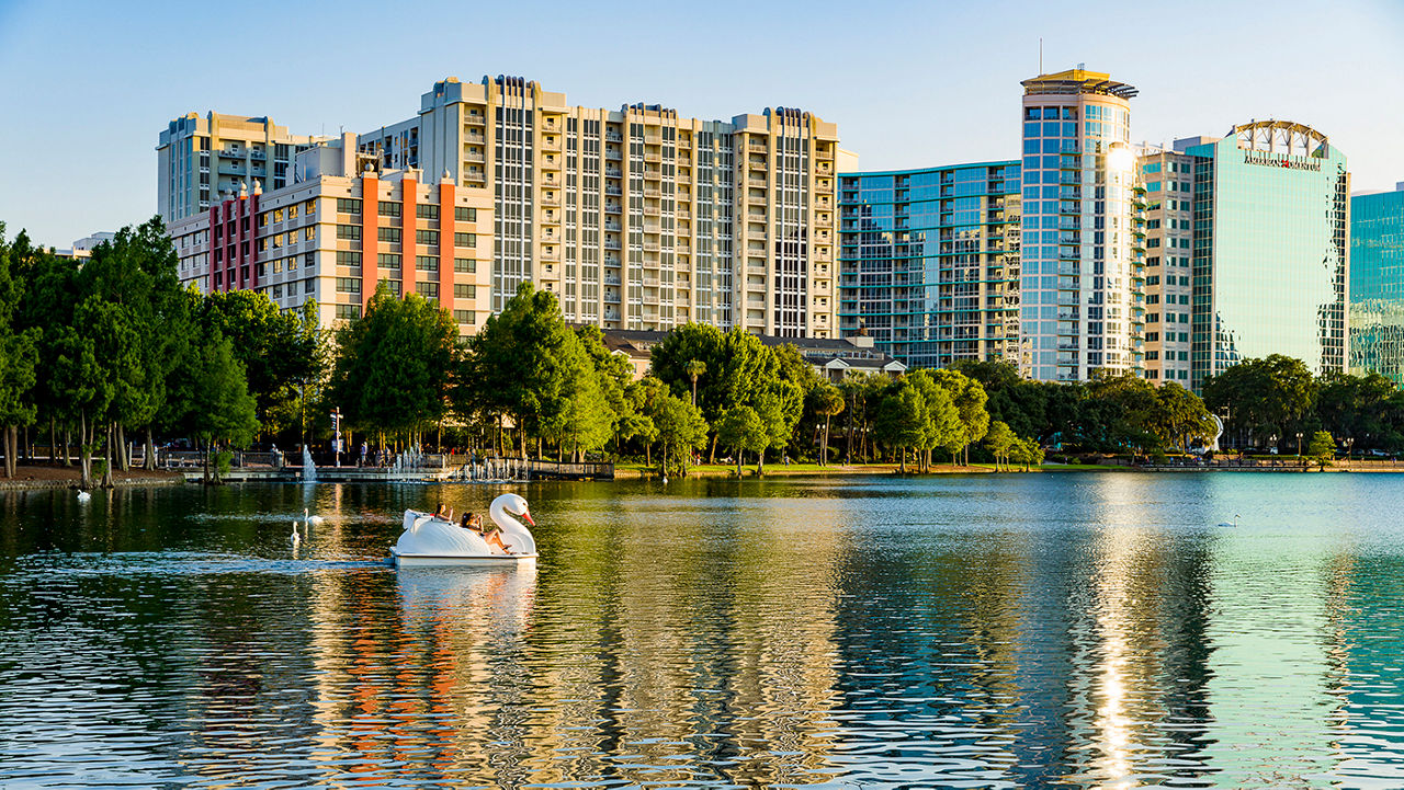 Lake Eola in the heart of downtown Orlando, Florida at sunset.