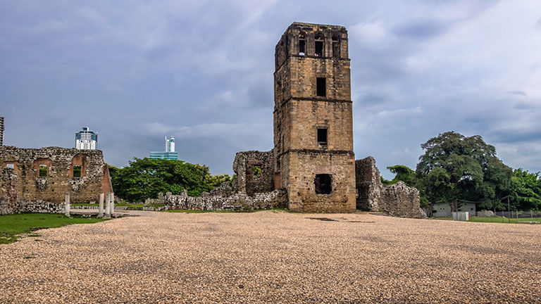 Ruins of Cathedral Tower at Panama Viejo Ruins - Panama City, Panama.