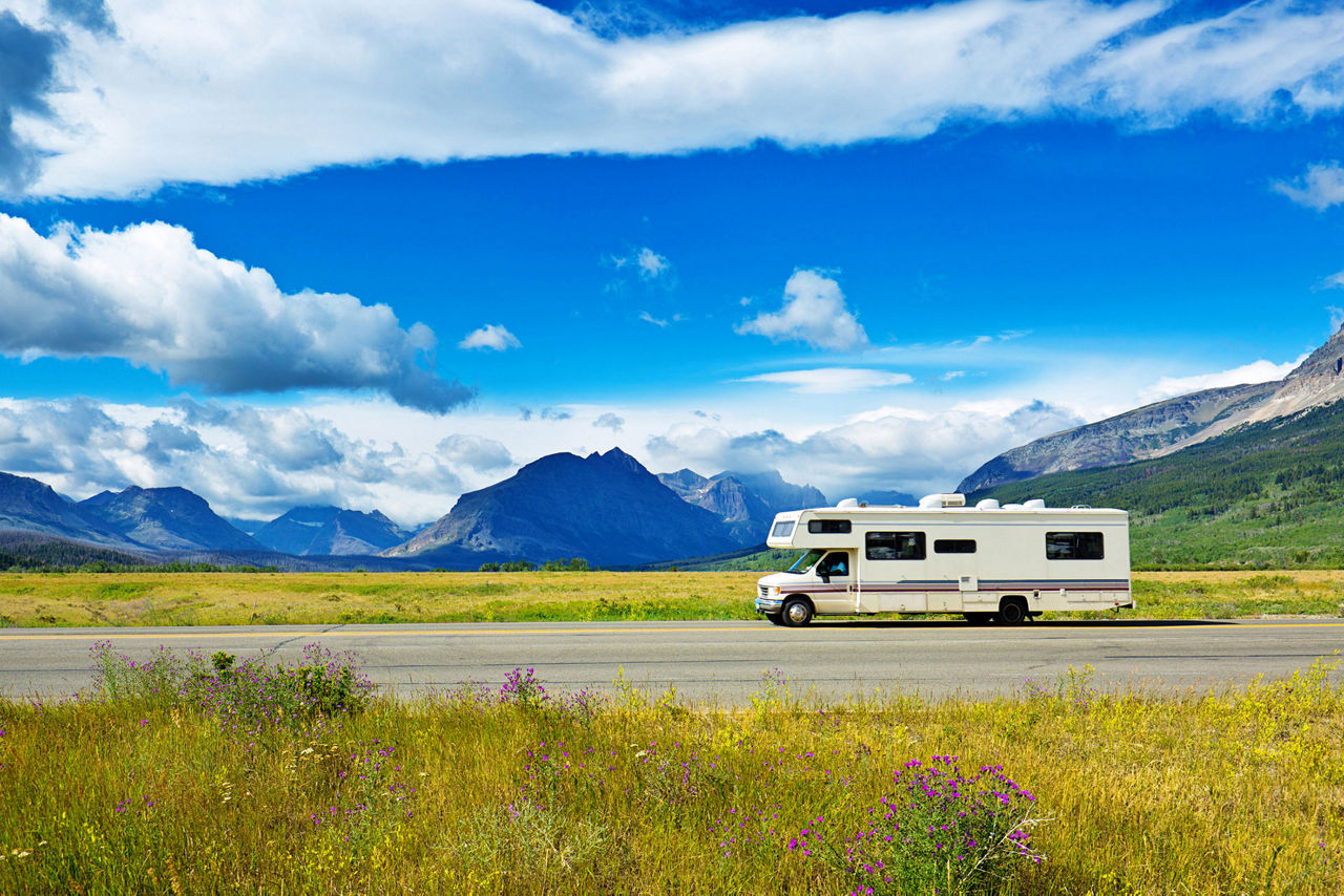 RV traveling on mountain road