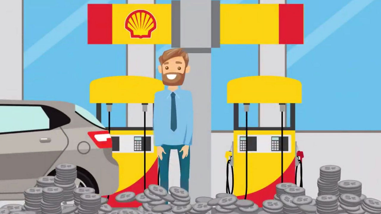 A graphic of a man standing in front of a gas pump with piles of money in front of him.