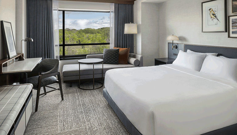 Hotel room with modern furnishings and open drapes with a view outside of trees.
