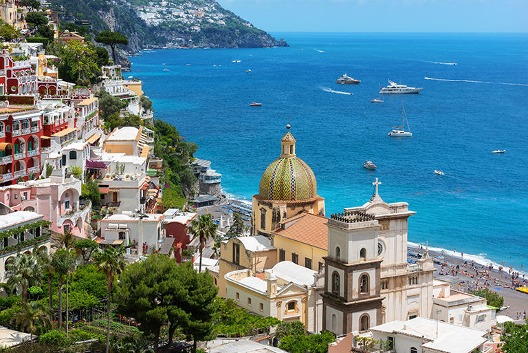 The picturesque small Italian town of Positano, descending from the terraces from the mountains to the Mediterranean Sea. This is one of the most famous places on the Amalfi Coast.