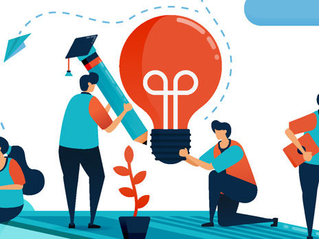 Ideas and inspiration in learning and education. People sitting on books. Modern online learning. Lamp bulb and pencil. Education business. Illustration for business card, banner, brochure, flyer