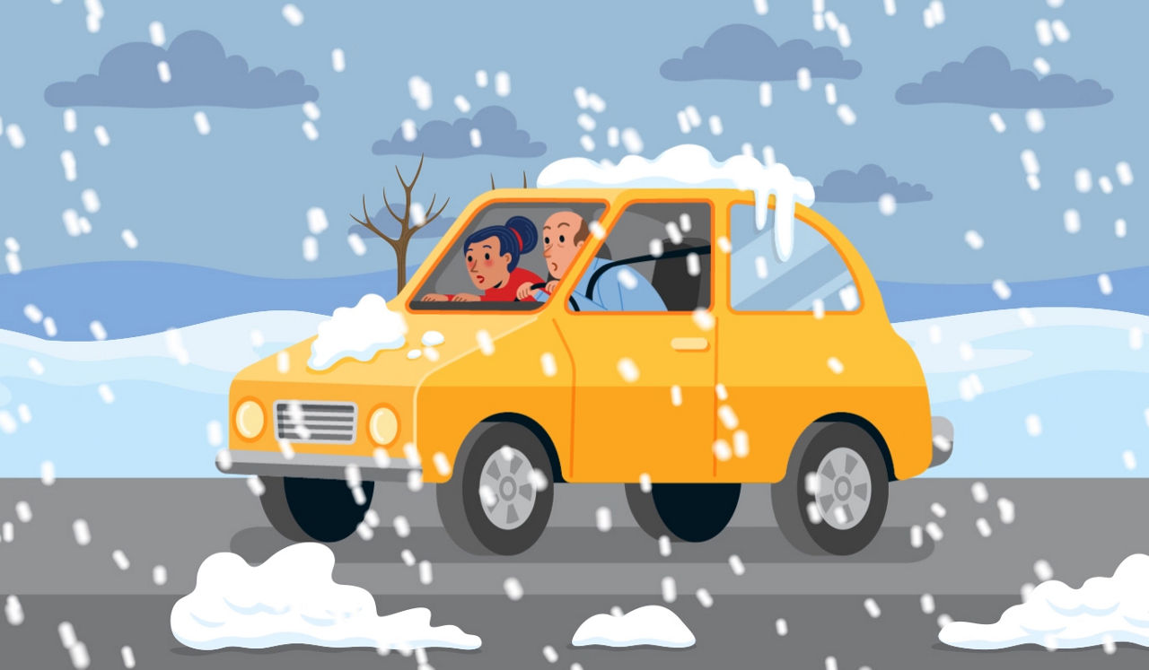 Man and woman in a car while scenery transitions from warm to cold weather