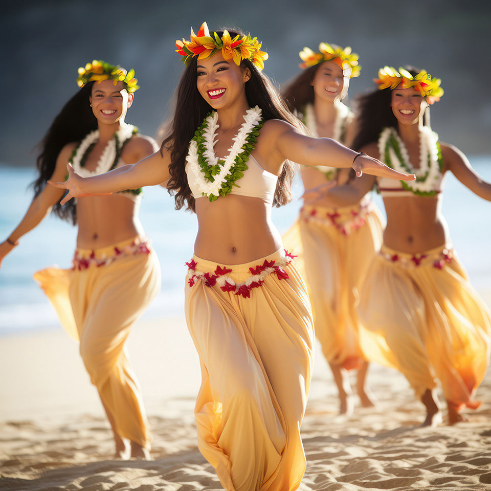 Happy, smiling young women doing the luau dance on the beach in Hawaii.