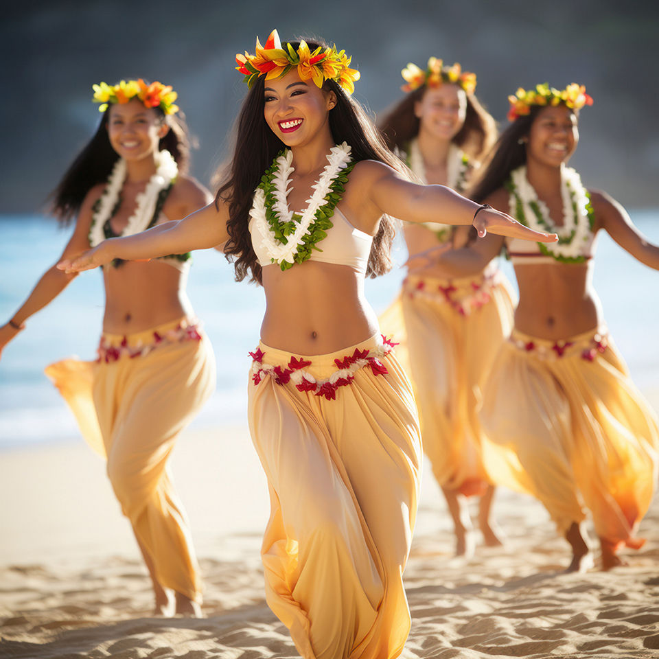 Happy, smiling young women doing the luau dance on the beach in Hawaii.
