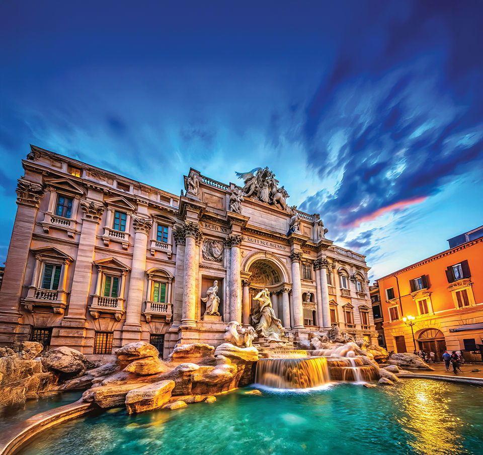 Rome's Trevi Fountain, a stunning deep-focus shot, vibrant colors and detailed architecture.