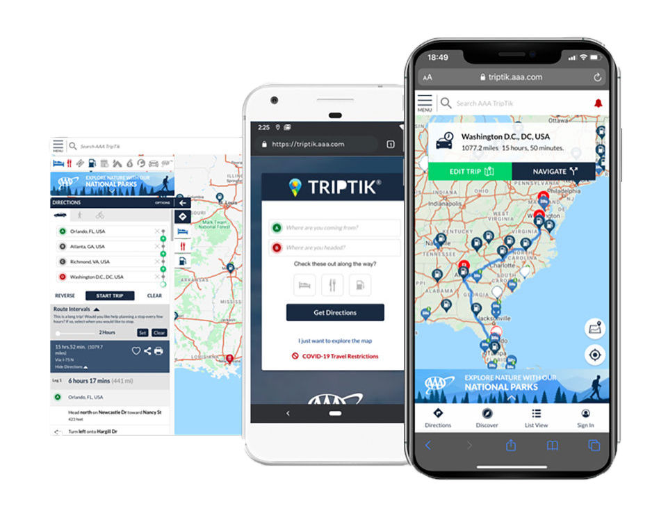 Multiple phone mockups that display how AAA TripTik travel planner works. 
