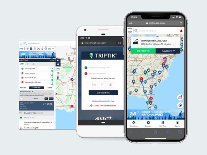 Three views of a AAA TripTik on a mobile device's screen.