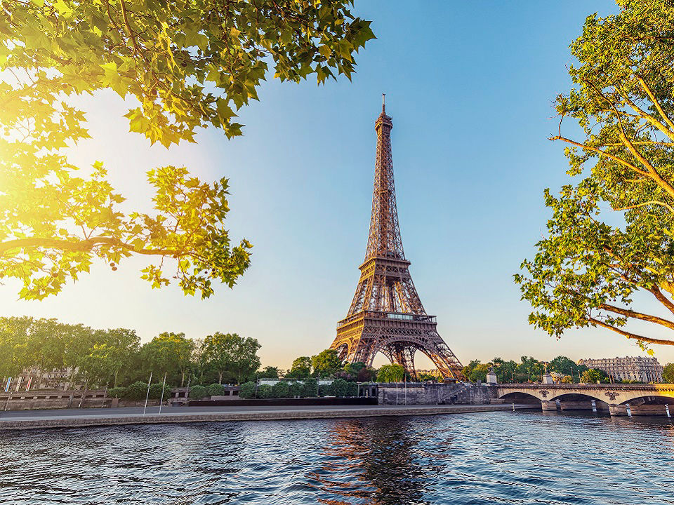 Viking River Cruise Paris to Swiss Alps - Eiffel Tower Seine River Sunrise in Paris, France 