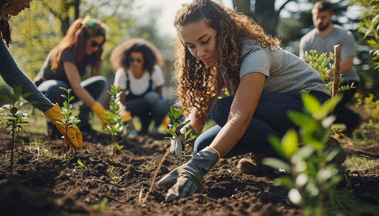 A group of young people planting trees in celebration of Arbor Day, honoring the importance of trees.