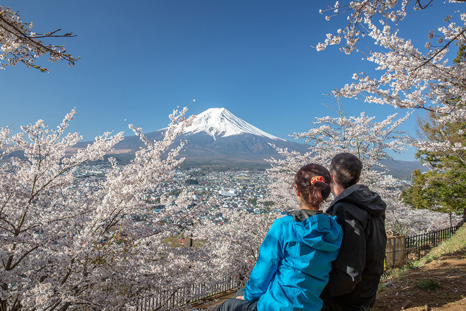 A young couple admiring Mount Fuji during cherry blossom season in Japan.